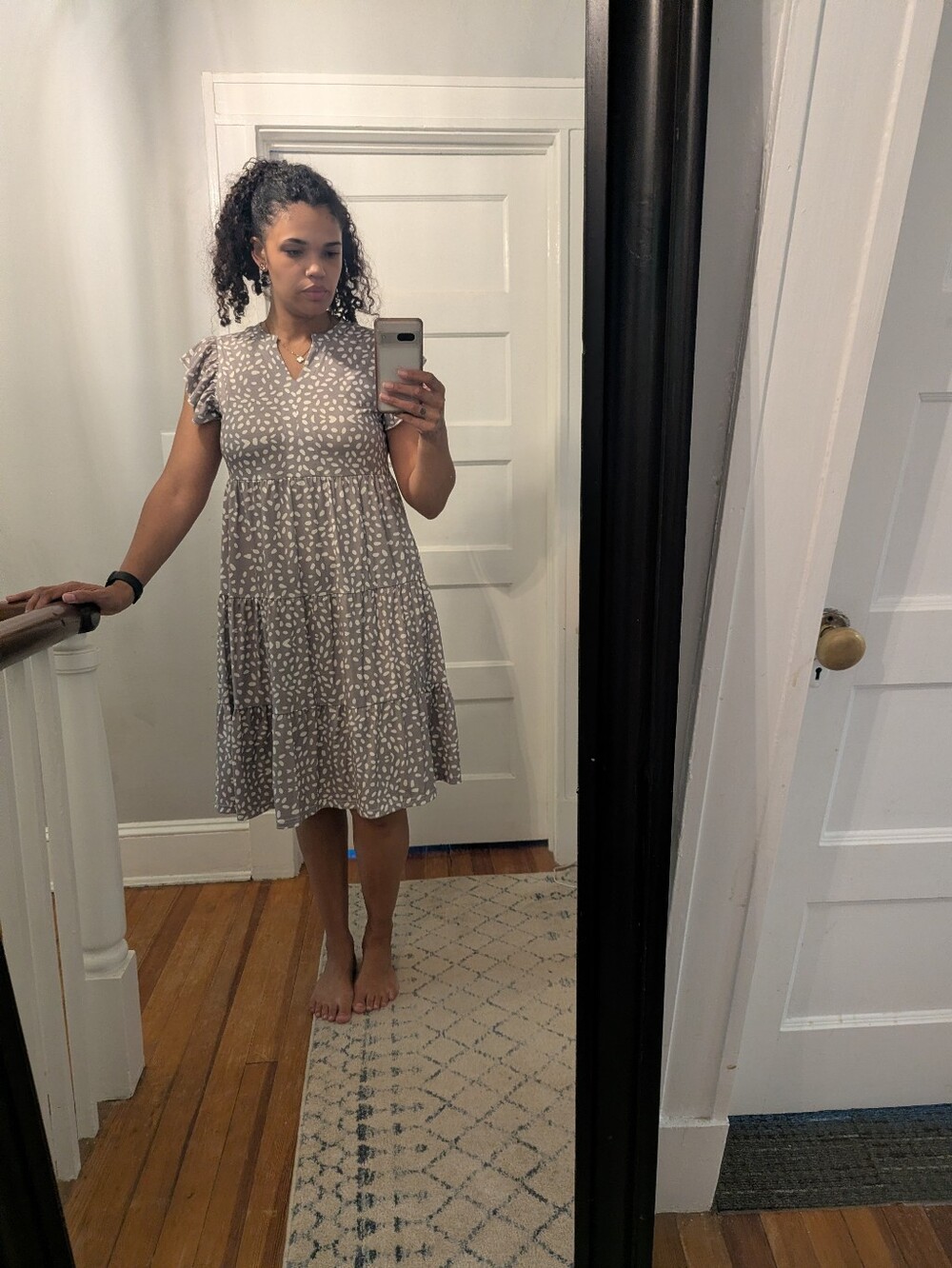 Women's Taupe Printed Tiered V-Neck Dress